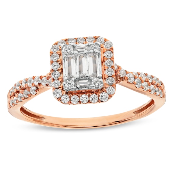1/2 CT. T.w. Emerald-Shaped Multi-Diamond Frame Twist Shank Engagement Ring in 10K Rose Gold