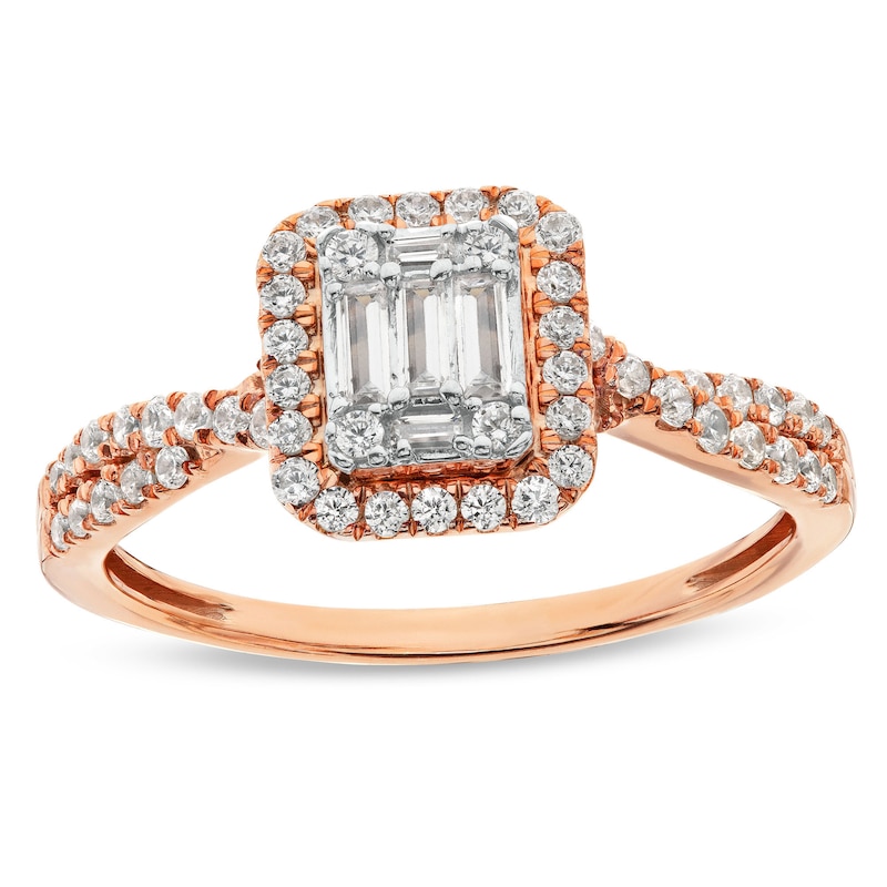 1/2 CT. T.W. Emerald-Shaped Multi-Diamond Frame Twist Shank Engagement Ring in 10K Rose Gold