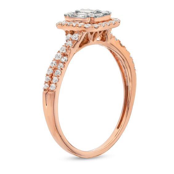 1/2 CT. T.w. Emerald-Shaped Multi-Diamond Frame Twist Shank Engagement Ring in 10K Rose Gold