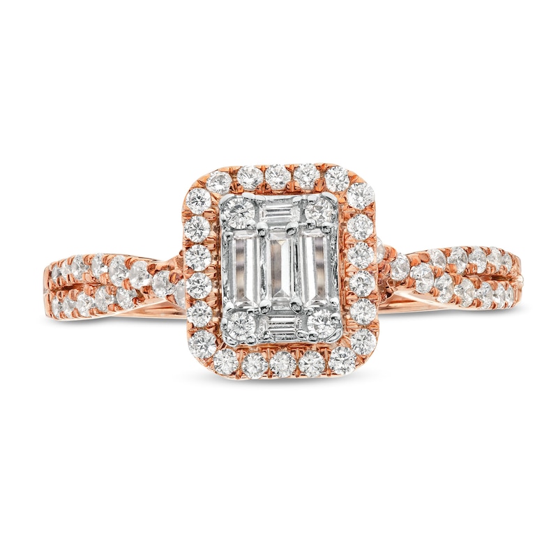 1/2 CT. T.W. Emerald-Shaped Multi-Diamond Frame Twist Shank Engagement Ring in 10K Rose Gold