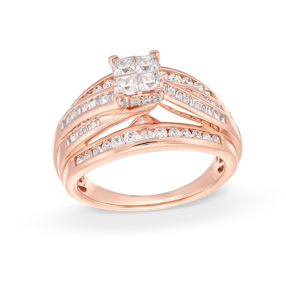 1 CT. T.w. Quad Princess-Cut Diamond Double Row Bypass Engagement Ring in 10K Rose Gold