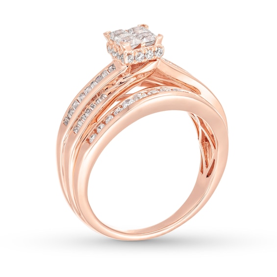 1 CT. T.w. Quad Princess-Cut Diamond Double Row Bypass Engagement Ring in 10K Rose Gold