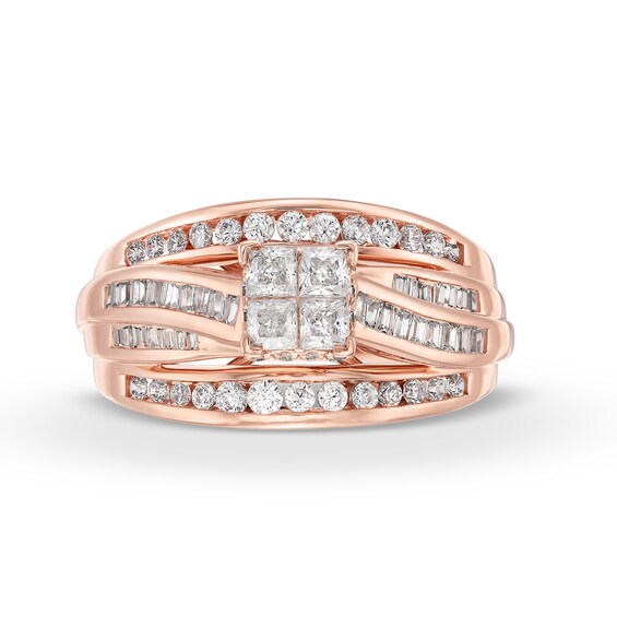 1 CT. T.w. Quad Princess-Cut Diamond Double Row Bypass Engagement Ring in 10K Rose Gold