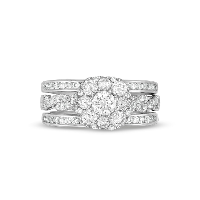 Main Image 3 of 1-1/2 CT. T.W. Cushion Multi-Diamond Twist Shank Three Piece Bridal Set in 10K White Gold