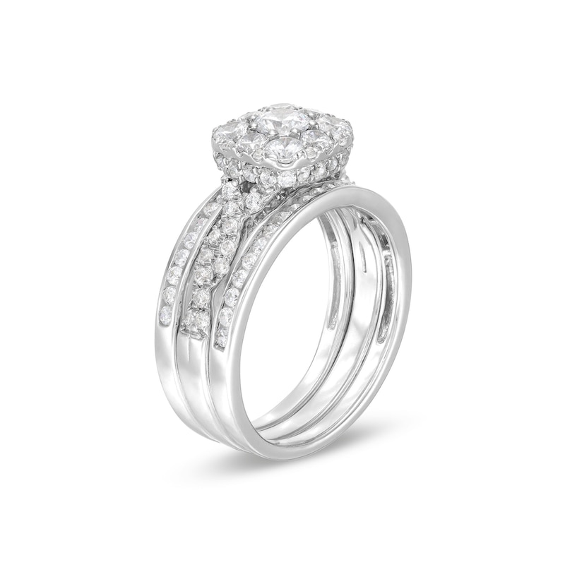Main Image 4 of 1-1/2 CT. T.W. Cushion Multi-Diamond Twist Shank Three Piece Bridal Set in 10K White Gold