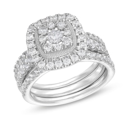1-1/2 CT. T.W. Cushion Multi-Diamond Frame Three Piece Bridal Set in 10K White Gold