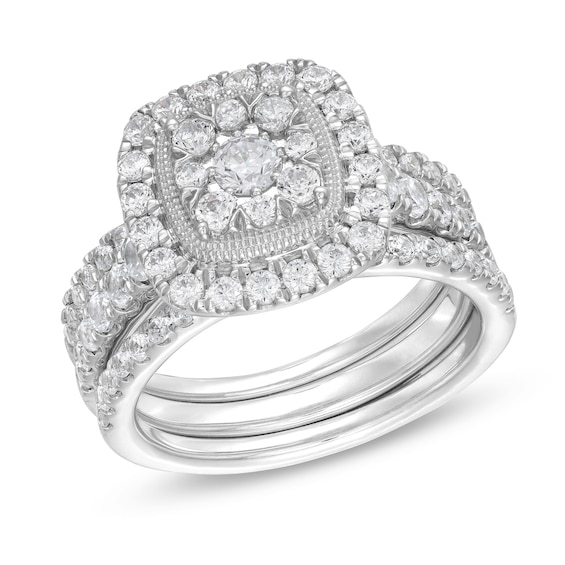 1-1/2 CT. T.w. Cushion Multi-Diamond Frame Three Piece Bridal Set in 10K White Gold