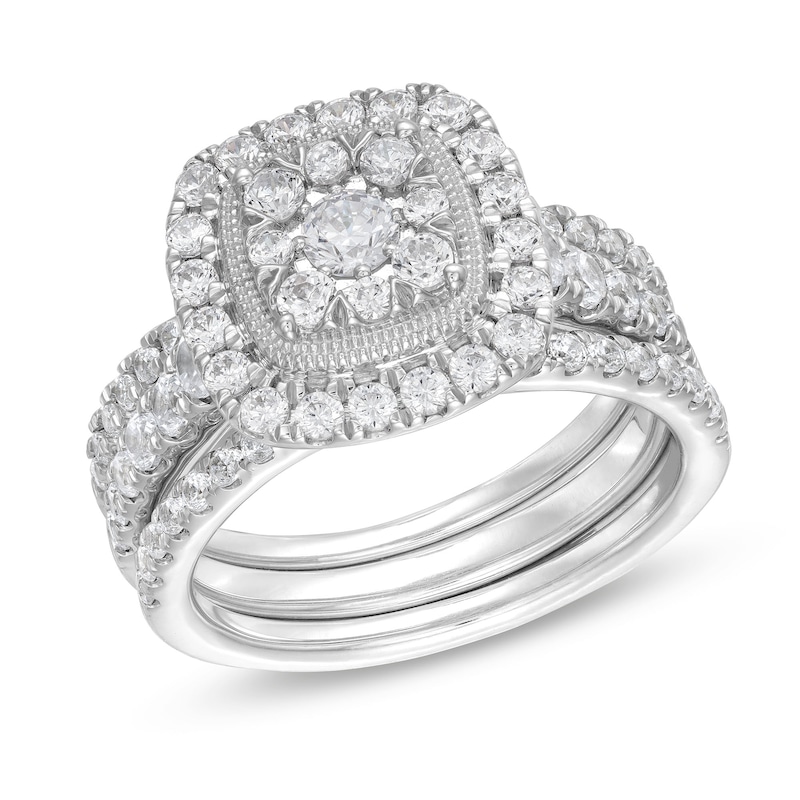 Main Image 1 of 1-1/2 CT. T.W. Cushion Multi-Diamond Frame Three Piece Bridal Set in 10K White Gold