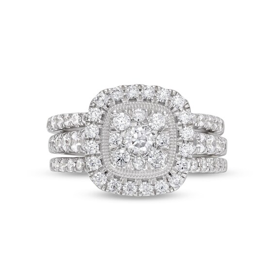 1-1/2 CT. T.w. Cushion Multi-Diamond Frame Three Piece Bridal Set in 10K White Gold