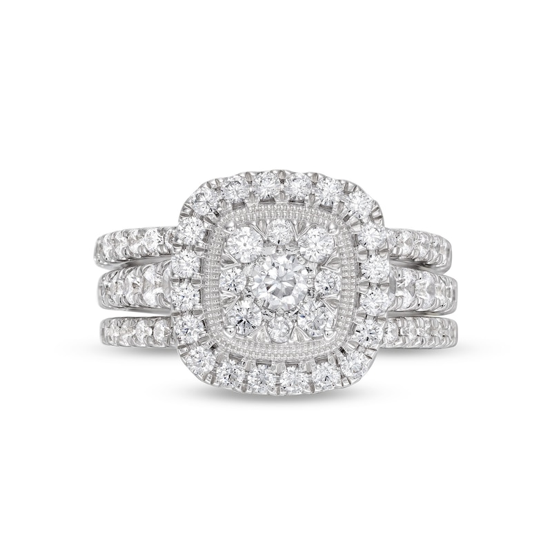 Main Image 3 of 1-1/2 CT. T.W. Cushion Multi-Diamond Frame Three Piece Bridal Set in 10K White Gold