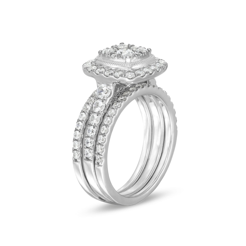 Main Image 4 of 1-1/2 CT. T.W. Cushion Multi-Diamond Frame Three Piece Bridal Set in 10K White Gold