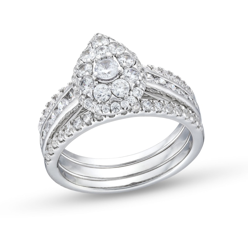Main Image 1 of 1-1/4 CT. T.W. Pear Multi-Diamond Three Piece Bridal Set in 10K White Gold