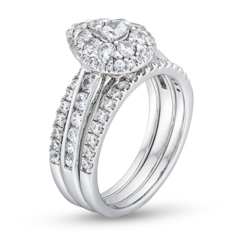 Main Image 3 of 1-1/4 CT. T.W. Pear Multi-Diamond Three Piece Bridal Set in 10K White Gold