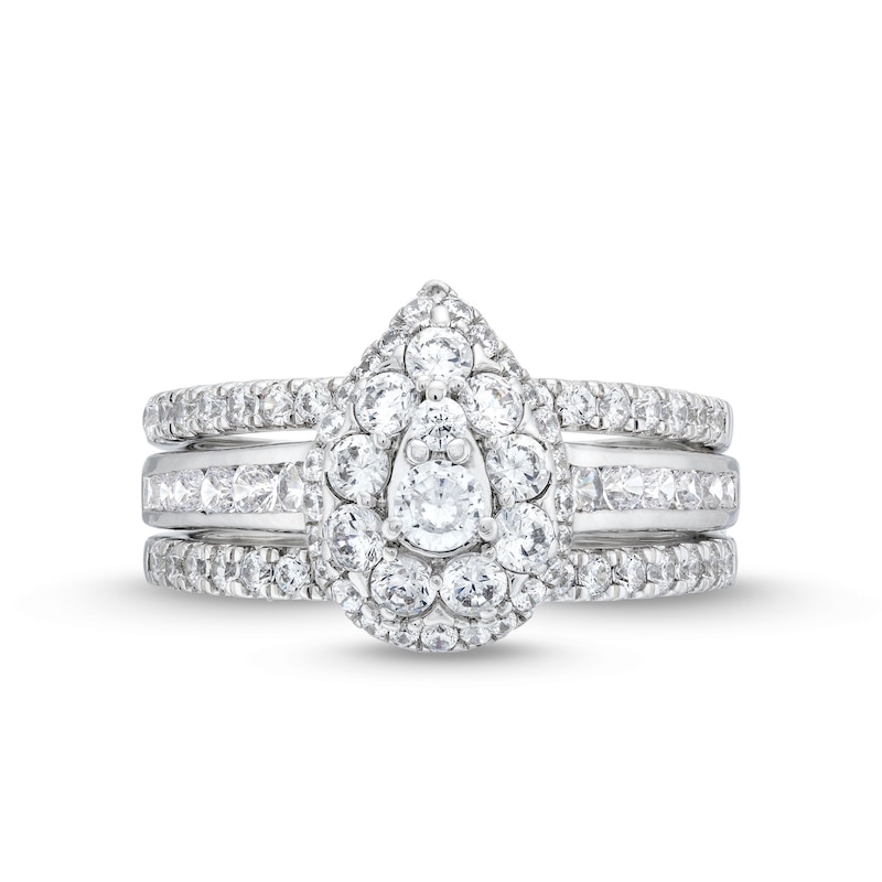 Main Image 4 of 1-1/4 CT. T.W. Pear Multi-Diamond Three Piece Bridal Set in 10K White Gold