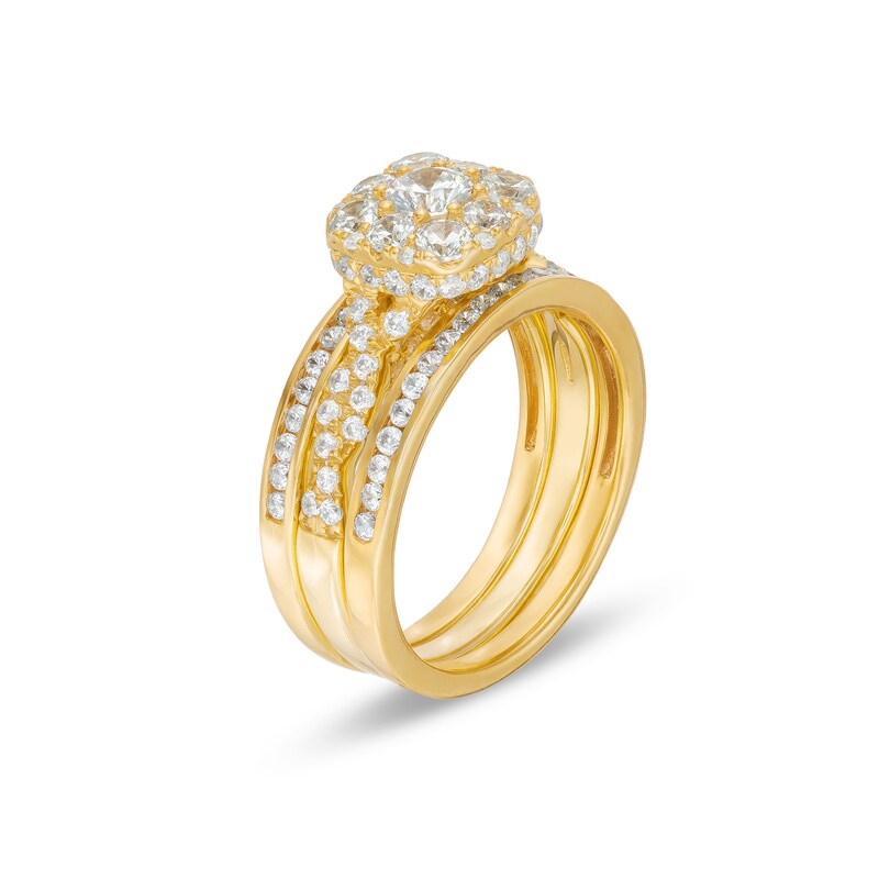 Main Image 4 of 1-1/2 CT. T.W. Cushion Multi-Diamond Twist Shank Three Piece Bridal Set in 10K Gold