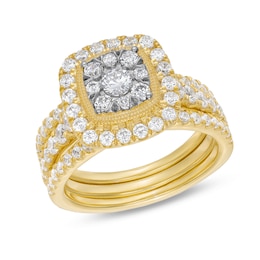 1-1/2 CT. T.W. Cushion Multi-Diamond Frame Three Piece Bridal Set in 10K Gold