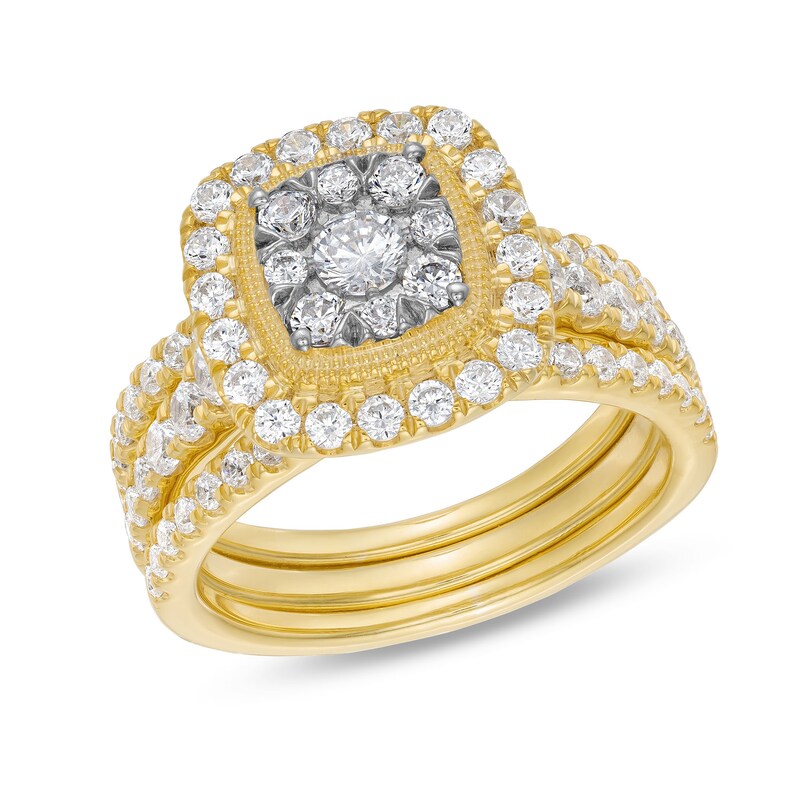 Main Image 1 of 1-1/2 CT. T.W. Cushion Multi-Diamond Frame Three Piece Bridal Set in 10K Gold