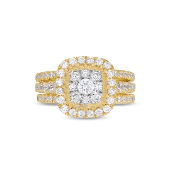 1-1/2 CT. T.w. Cushion Multi-Diamond Frame Three Piece Bridal Set in 10K Gold