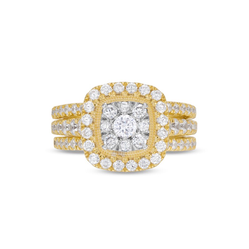Main Image 3 of 1-1/2 CT. T.W. Cushion Multi-Diamond Frame Three Piece Bridal Set in 10K Gold