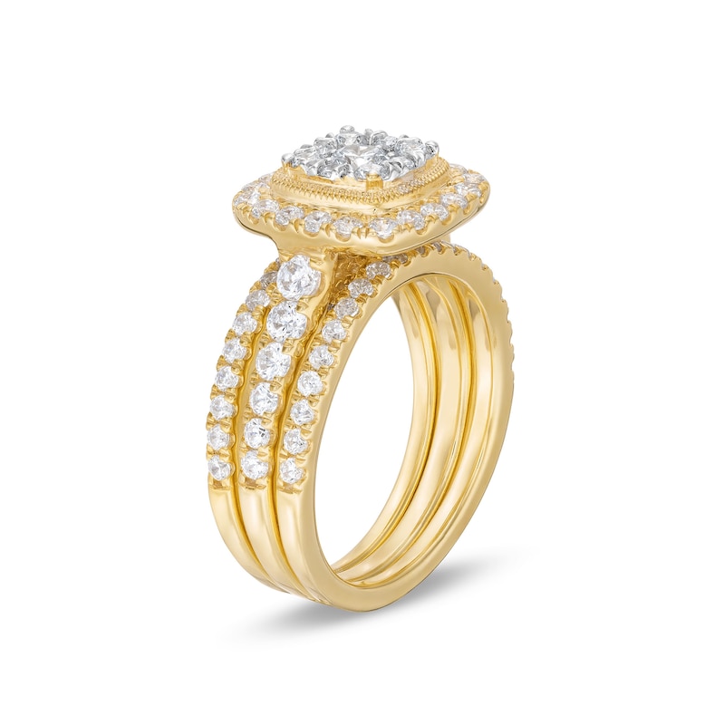 Main Image 4 of 1-1/2 CT. T.W. Cushion Multi-Diamond Frame Three Piece Bridal Set in 10K Gold