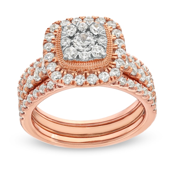 1-1/2 CT. T.w. Cushion Multi-Diamond Frame Three Piece Bridal Set in 10K Rose Gold