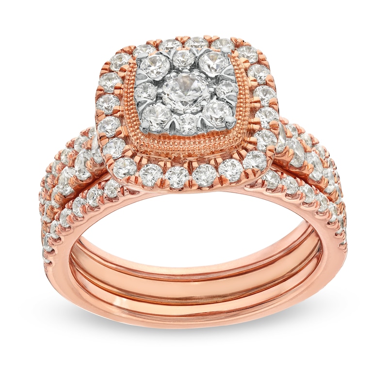 Main Image 1 of 1-1/2 CT. T.W. Cushion Multi-Diamond Frame Three Piece Bridal Set in 10K Rose Gold