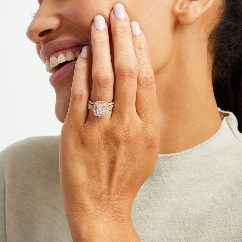Main Image 2 of 1-1/2 CT. T.W. Cushion Multi-Diamond Frame Three Piece Bridal Set in 10K Rose Gold