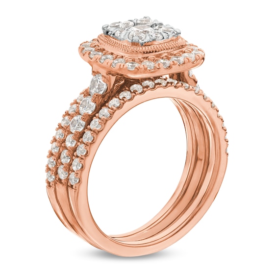 1-1/2 CT. T.w. Cushion Multi-Diamond Frame Three Piece Bridal Set in 10K Rose Gold
