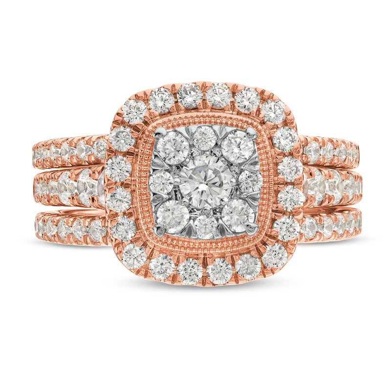 Main Image 4 of 1-1/2 CT. T.W. Cushion Multi-Diamond Frame Three Piece Bridal Set in 10K Rose Gold