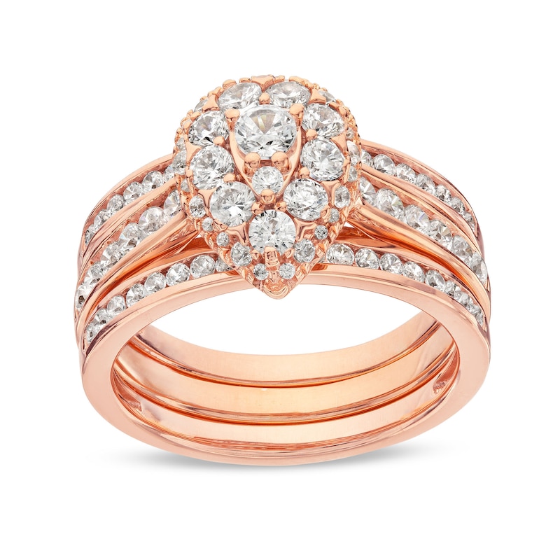 Main Image 1 of 1-1/4 CT. T.W. Pear Multi-Diamond Three Piece Bridal Set in 10K Rose Gold