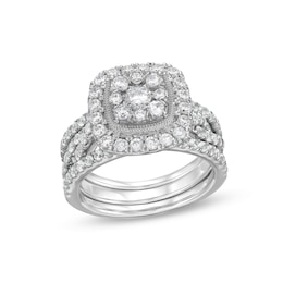 1-5/8 CT. T.W. Cushion Multi-Diamond Twist Shank Three Piece Bridal Set in 10K White Gold