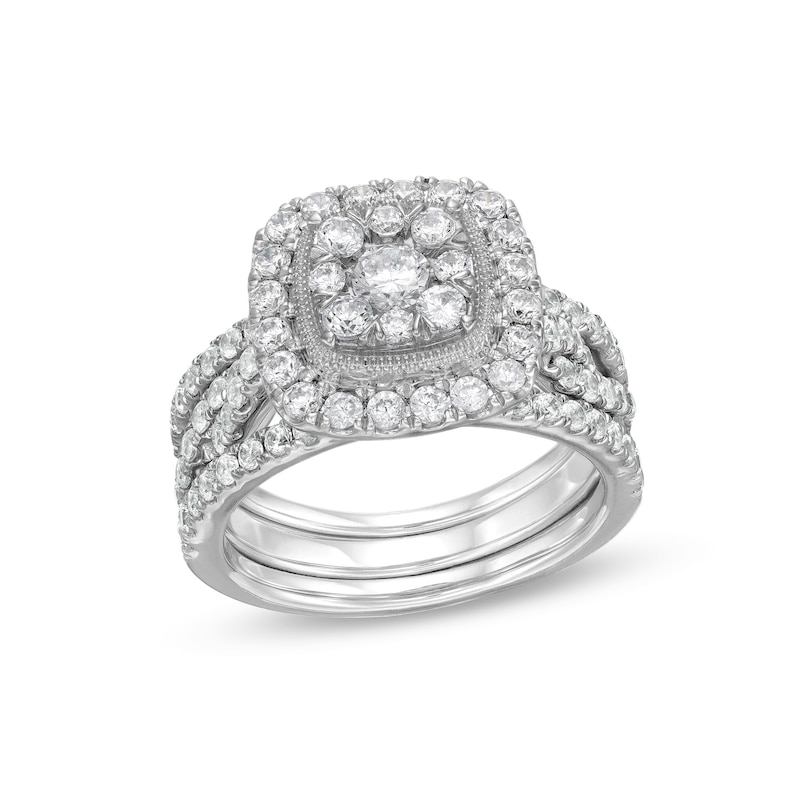 Main Image 1 of 1-5/8 CT. T.W. Cushion Multi-Diamond Twist Shank Three Piece Bridal Set in 10K White Gold