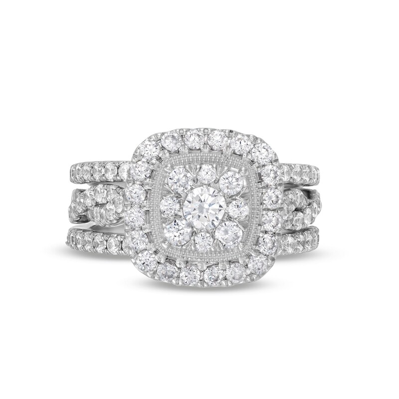Main Image 3 of 1-5/8 CT. T.W. Cushion Multi-Diamond Twist Shank Three Piece Bridal Set in 10K White Gold