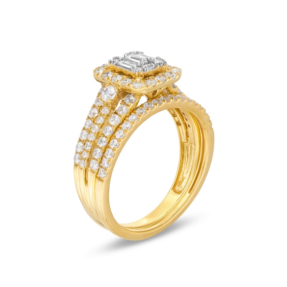 1 CT. T.w. Emerald-Shaped Multi-Diamond Frame Multi-Row Bridal Set in 10K Gold