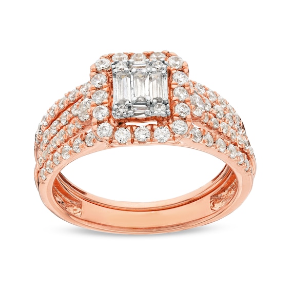1 CT. T.w. Emerald-Shaped Multi-Diamond Frame Multi-Row Bridal Set in 10K Rose Gold