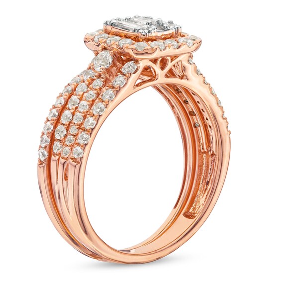 1 CT. T.w. Emerald-Shaped Multi-Diamond Frame Multi-Row Bridal Set in 10K Rose Gold