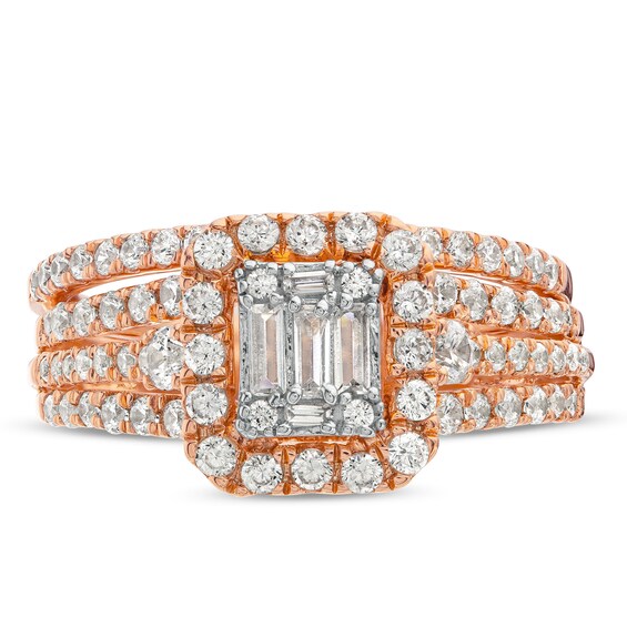 1 CT. T.w. Emerald-Shaped Multi-Diamond Frame Multi-Row Bridal Set in 10K Rose Gold