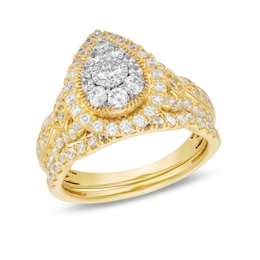 1 CT. T.W. Pear Multi-Diamond Vintage-Style Bridal Set in 10K Gold