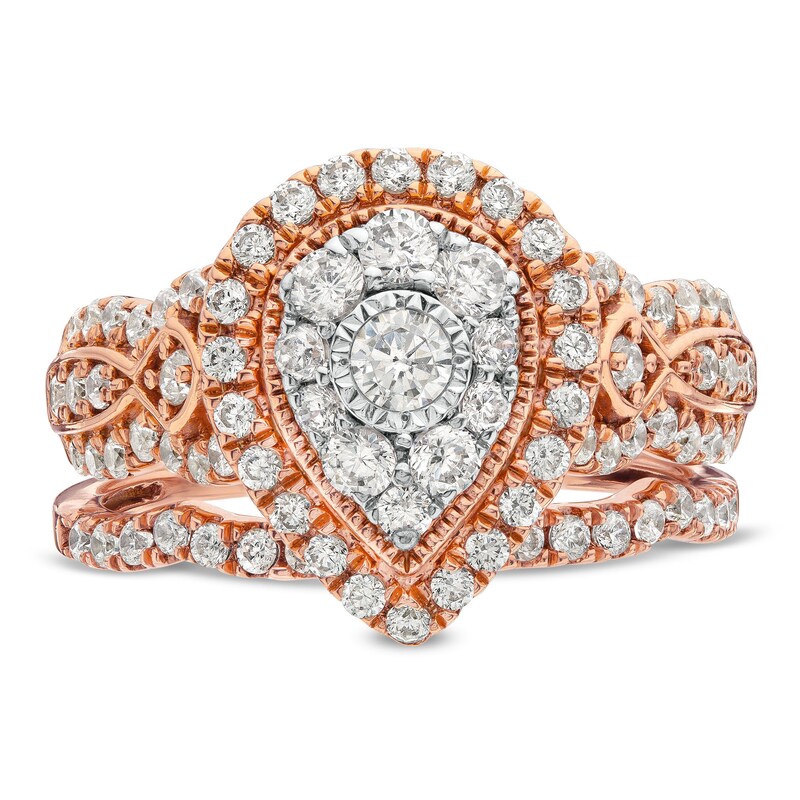 Main Image 4 of 1 CT. T.W. Pear Multi-Diamond Vintage-Style Bridal Set in 10K Rose Gold