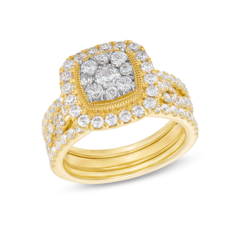 Main Image 1 of 1-5/8 CT. T.W. Cushion Multi-Diamond Twist Shank Three Piece Bridal Set in 10K Gold