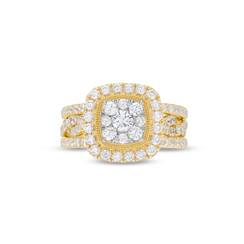 Main Image 3 of 1-5/8 CT. T.W. Cushion Multi-Diamond Twist Shank Three Piece Bridal Set in 10K Gold