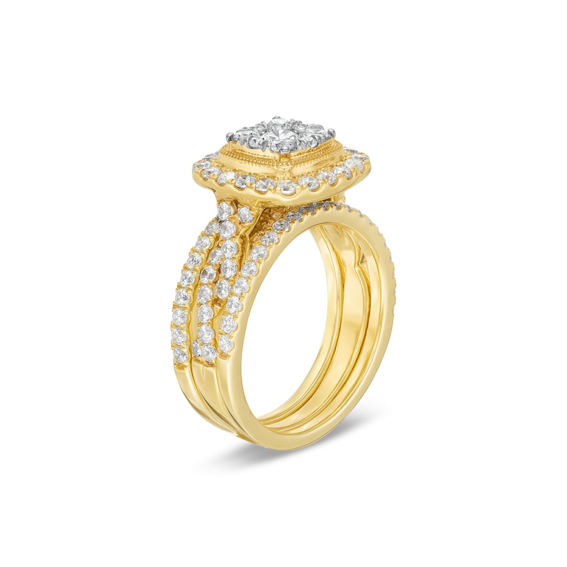 Main Image 4 of 1-5/8 CT. T.W. Cushion Multi-Diamond Twist Shank Three Piece Bridal Set in 10K Gold