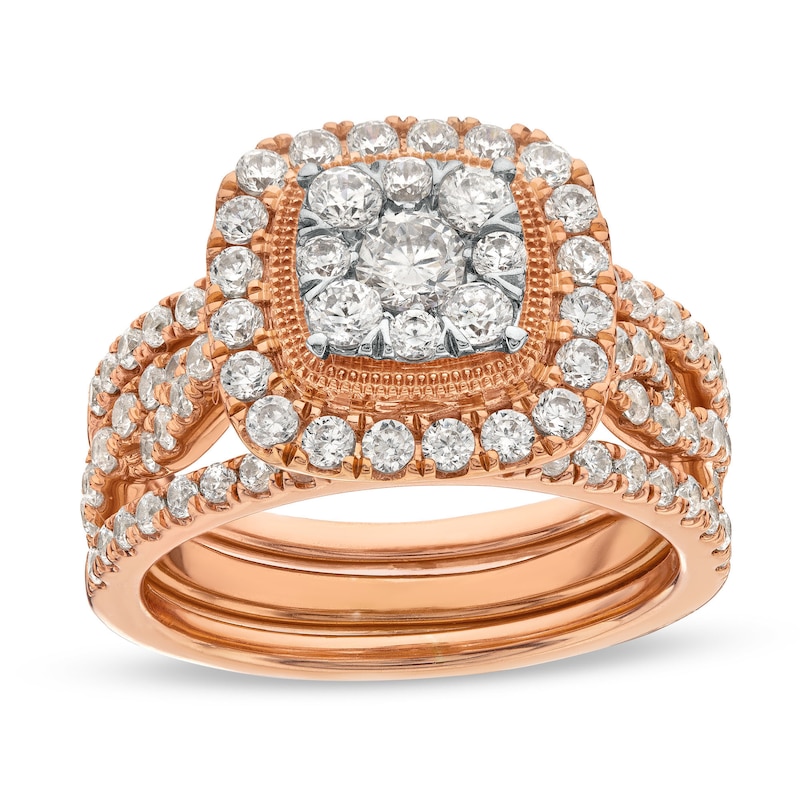 Main Image 1 of 1-5/8 CT. T.W. Cushion Multi-Diamond Twist Shank Three Piece Bridal Set in 10K Rose Gold