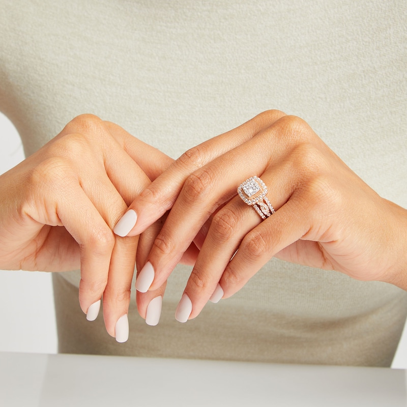 Main Image 2 of 1-5/8 CT. T.W. Cushion Multi-Diamond Twist Shank Three Piece Bridal Set in 10K Rose Gold