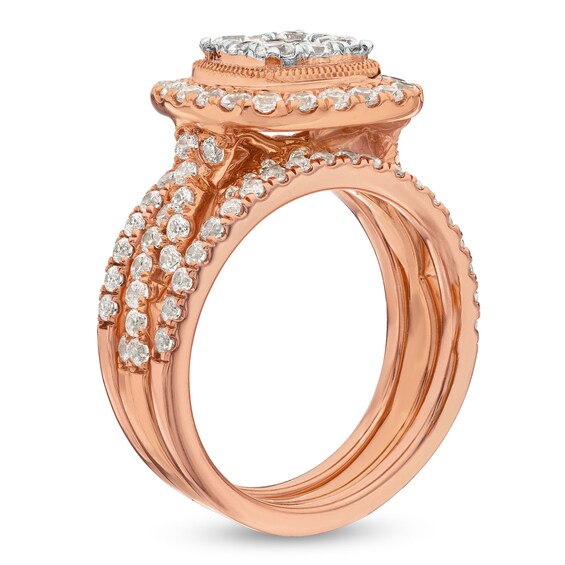 1-5/8 CT. T.w. Cushion Multi-Diamond Twist Shank Three Piece Bridal Set in 10K Rose Gold