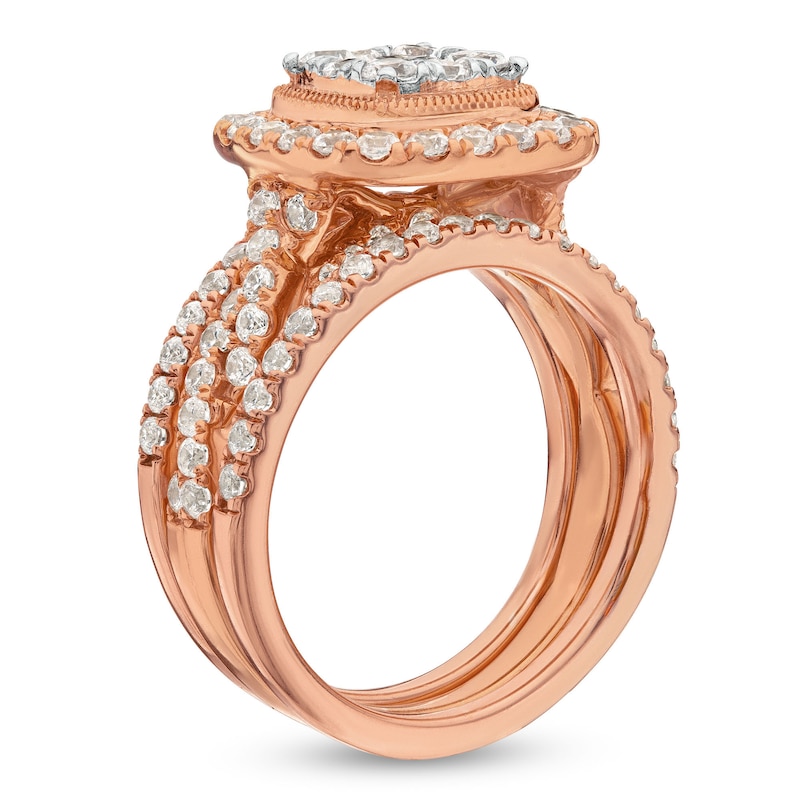 Main Image 3 of 1-5/8 CT. T.W. Cushion Multi-Diamond Twist Shank Three Piece Bridal Set in 10K Rose Gold