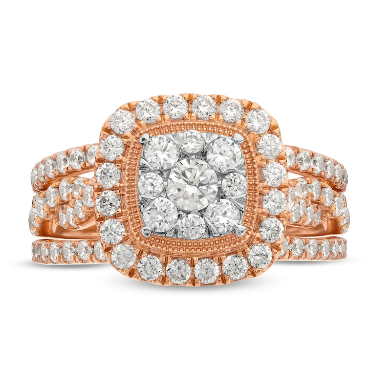 Main Image 4 of 1-5/8 CT. T.W. Cushion Multi-Diamond Twist Shank Three Piece Bridal Set in 10K Rose Gold