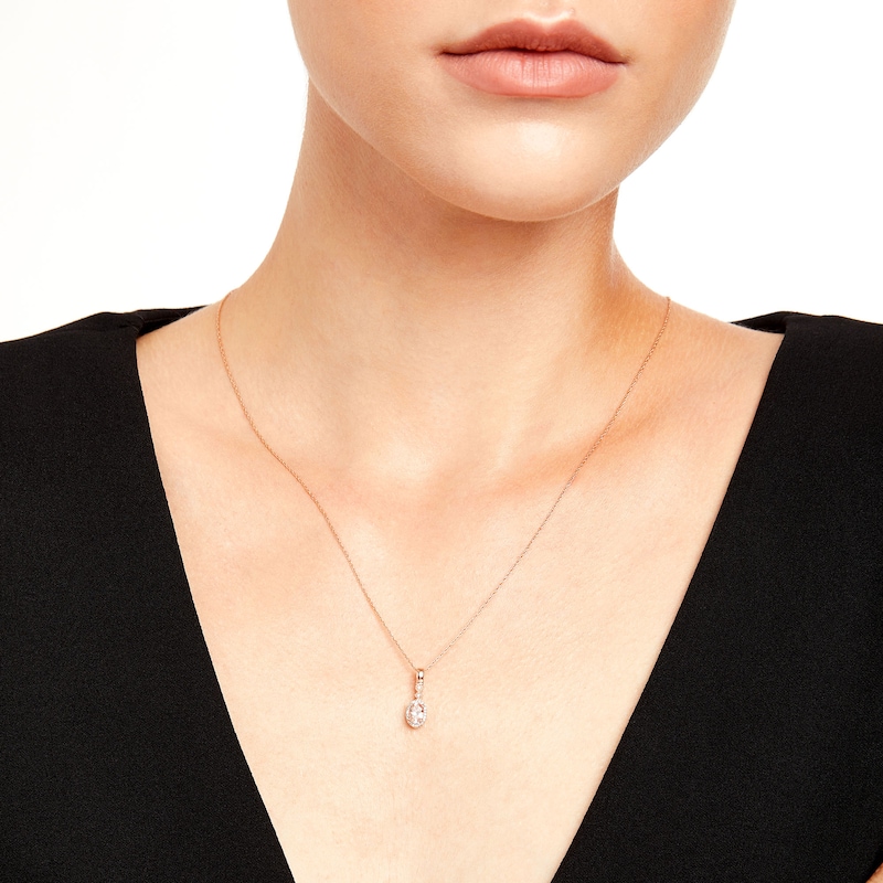 Main Image 2 of Oval Morganite and 1/15 CT. T.W. Diamond Frame Art Deco Drop Pendant in 10K Rose Gold