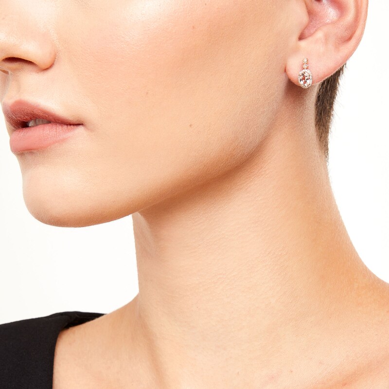 Main Image 2 of Oval Morganite and 1/8 CT. T.W. Diamond Frame Art Deco Drop Earrings in 10K Rose Gold