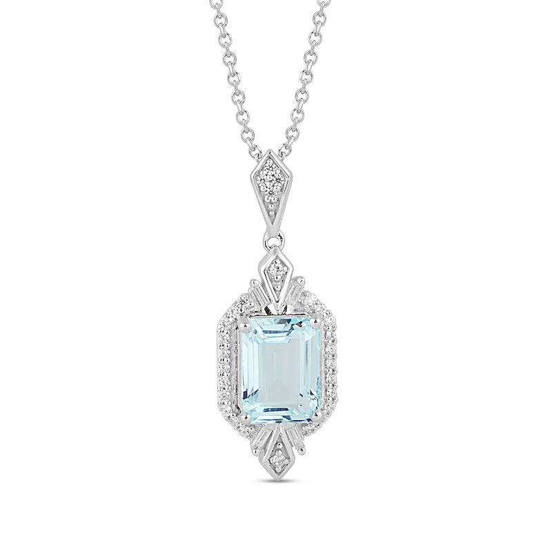 Main Image 1 of Enchanted Disney Elsa Emerald-Cut Aquamarine and 1/6 CT. T.W. Diamond Pendant in Sterling Silver